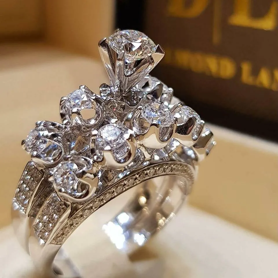 Anillo clasico de oro blanco de 18 quilates conjunto de anillo de diamantes Anillos De marca de boda conjuntos de cristal de amatista joyeria para