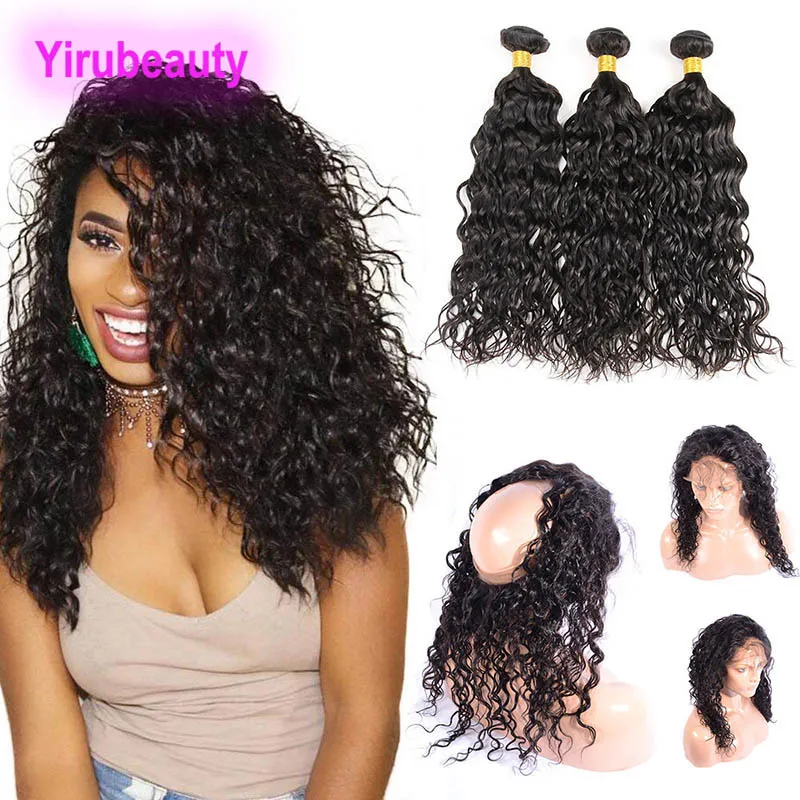 Vague d'eau de cheveux humains indiens 3 faisceaux avec dentelle frontale 4 pcs/lot 8-30 pouces faisceaux avec 360 dentelle frontale réglable bande oreille à oreille