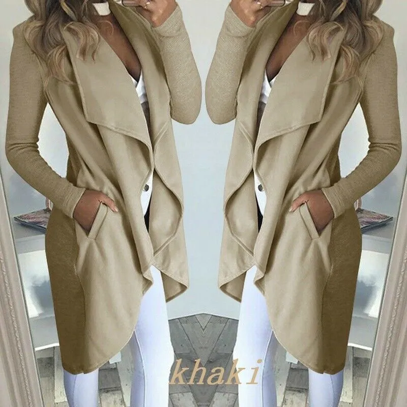 Womens Long Sleeve Turn-Down Collar Long Waterfall Trench Coat Jacket Ladies Cardigan Overcoat Jumper Plus Size Autumn Winter