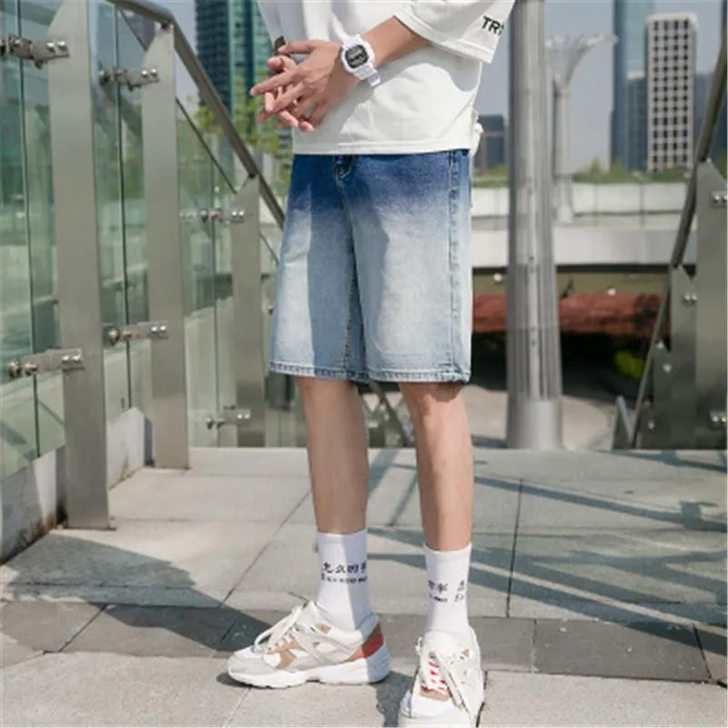 Hole Colorblock Men Denim Shorts Summer Zipper Casual Shorts Pants Male Fashion New Skate Board Harem Ripped Jogger Five-point Jeans Clothes