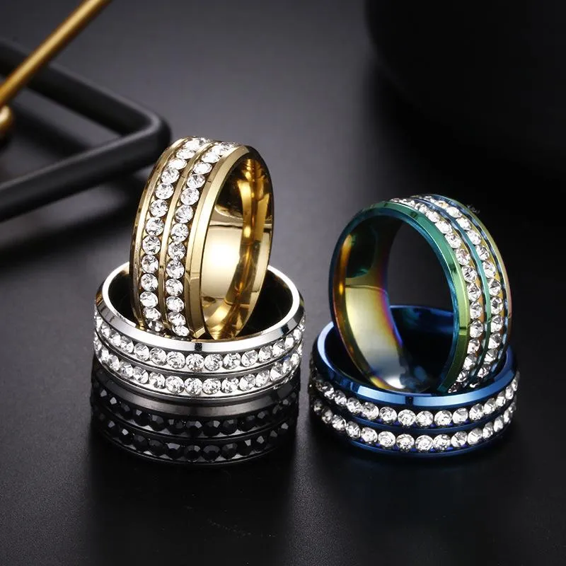 Stainless Steel Men s Designer Ring Two Rows Rainbow Diamond Ring for Engagement and Wedding