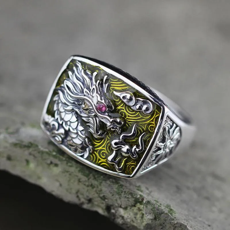 Prawdziwe Pure 925 Sterling Silver Dragon Pierścienie dla mężczyzn i kobiet CZ Stone Otoczenie Vintage Hollow Design Enameling Process