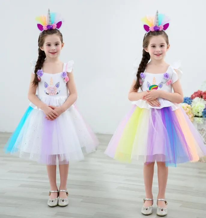 Meisje eenhoorn jurken prinses meisjes cosplay dress up kostuum kinderen partij tutu jurk kleding kinderen bloem kleding jurk ka6568