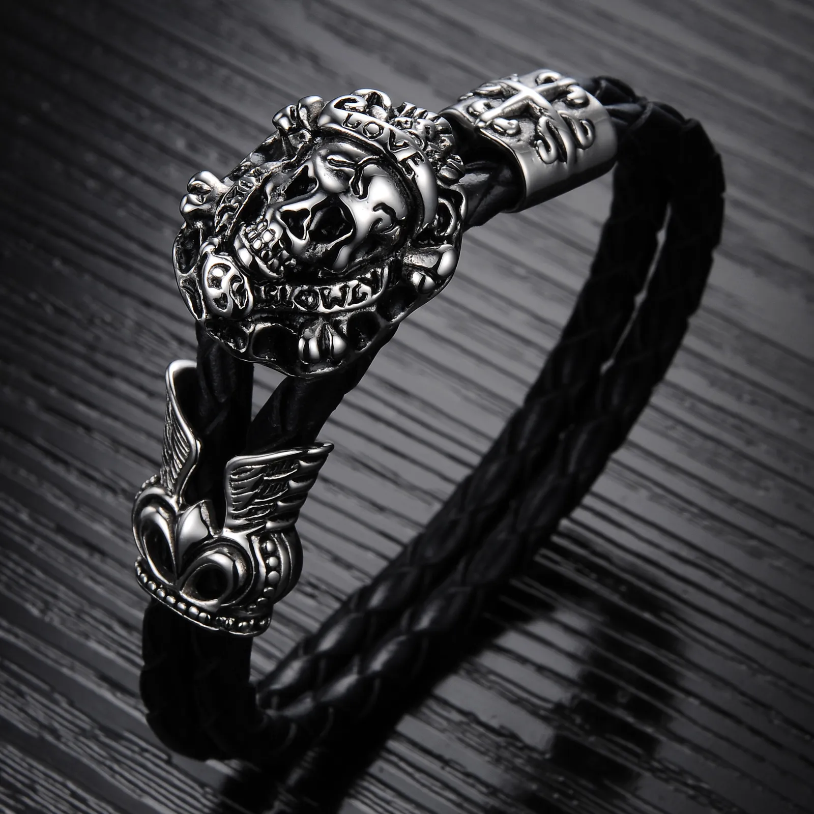 Moda europea punk teschio night club acciaio inossidabile braccialetto in vera pelle di vacchetta braccialetto da uomo gioielli regalo regalo303g