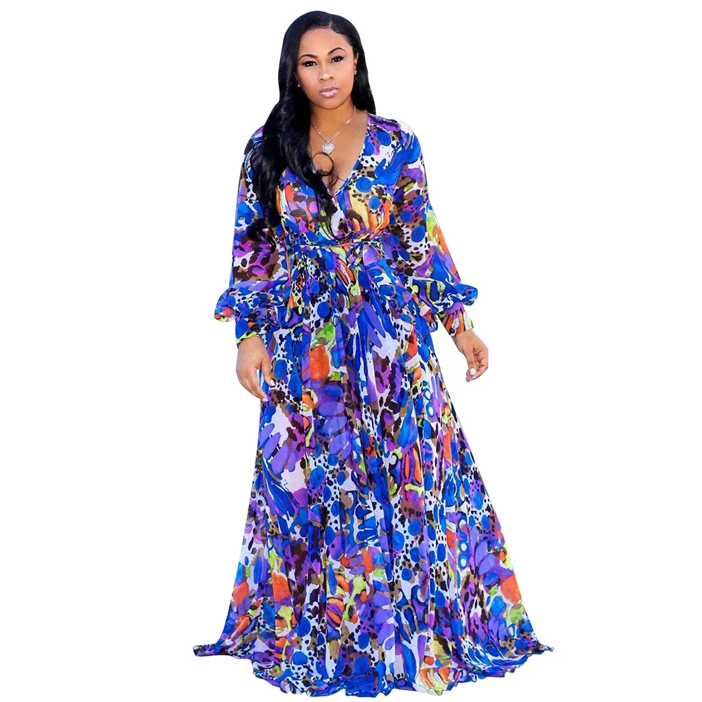 Vintage Women Maxi Dress Floral Printed Plus Size Long Sleeves V Neck Chiffon Loose Robe Dresses Beach Vestidos 2019 New