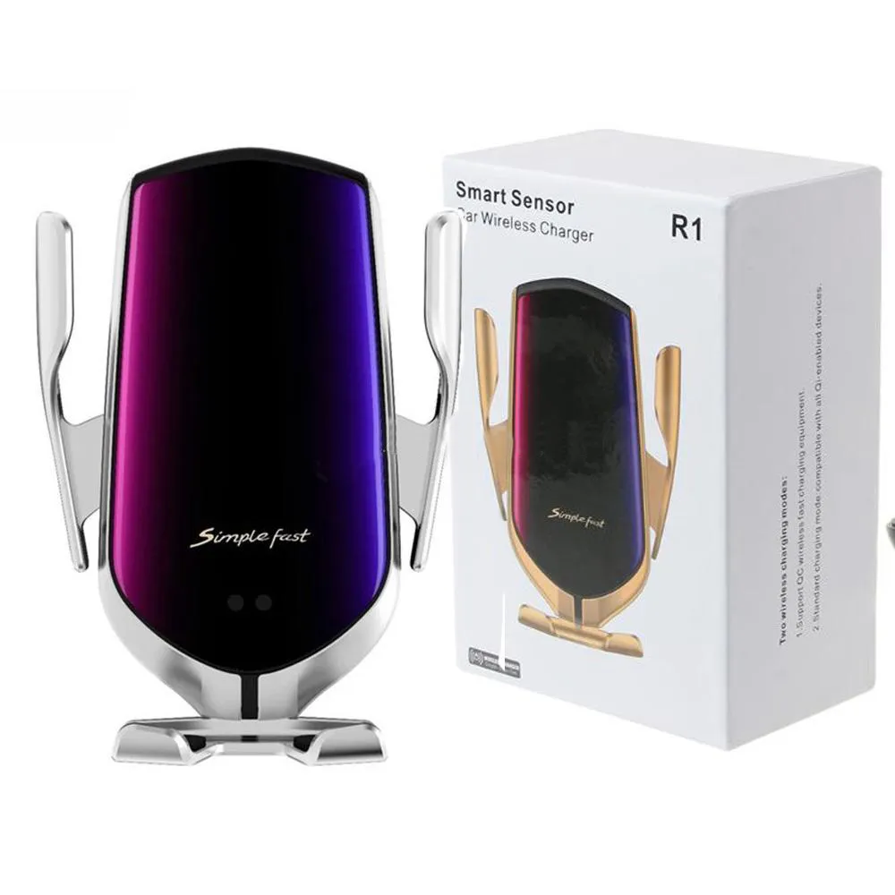 R1 자동차 무선 충전기 자동 클램핑 10W qi iPhone 용 빠른 충전 홀더 Samsung Huawei Air Vent Phone Holder 소매 박스 MQ20