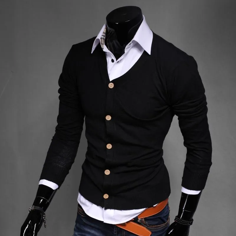 Мужская мода бутик чистый цвет хлопчатобумажный кардиган V-образным вырезом формальный социальный бизнес вязание свитер мужской свитер высокого качества тенденция