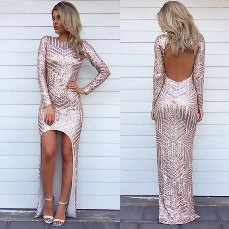 Sexy Glitz Rose Gold High Low Abiti da sera Paillettes Asimmetriche Maniche lunghe Abiti da ballo per feste Abiti da festa arabi senza schienale BA2358