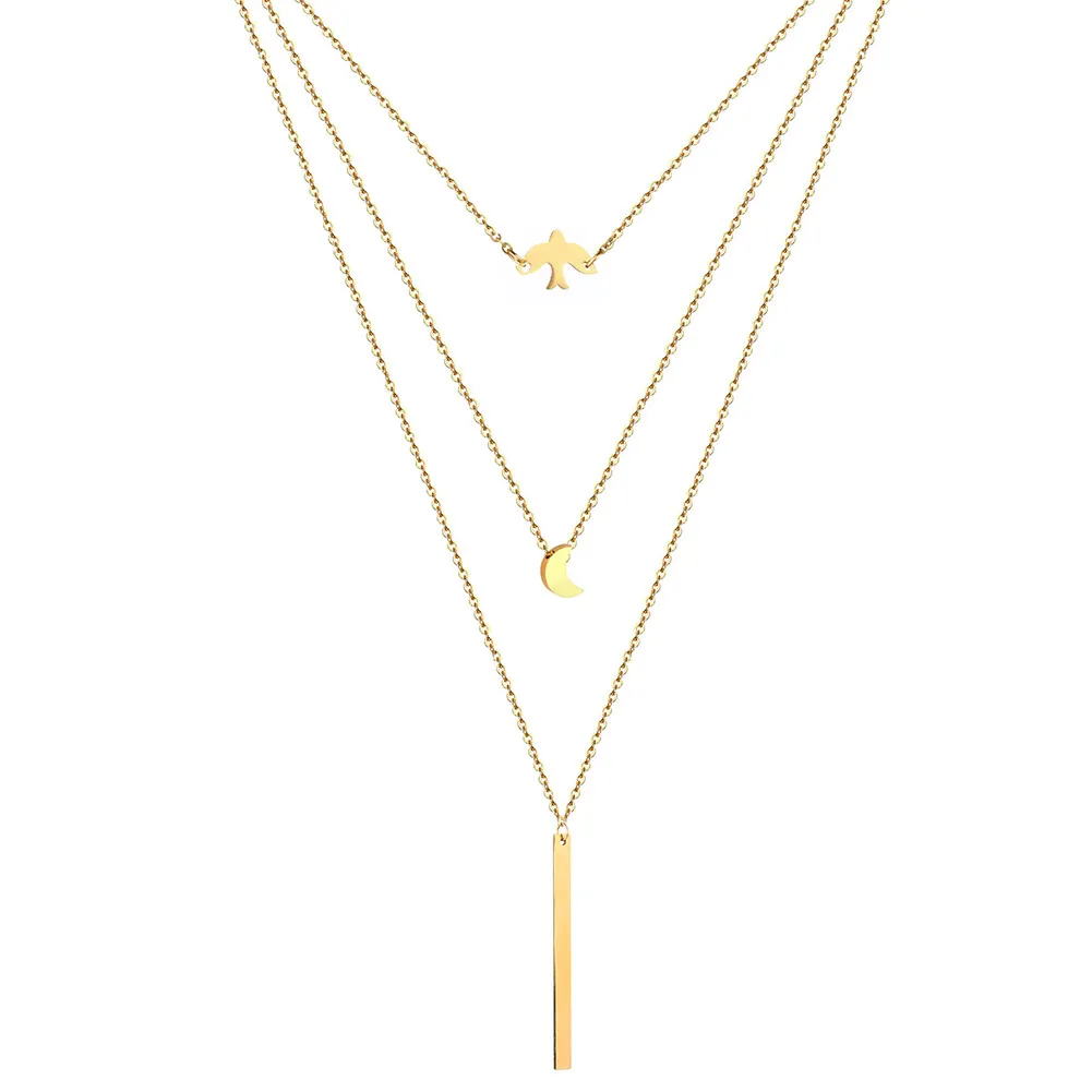 Mode Edelstahl Multi -Layer -Anhänger Halskette Silber Gold Farbe Dird Moon Riegel Charme Halsketten Reiz Schmuck für Frauen