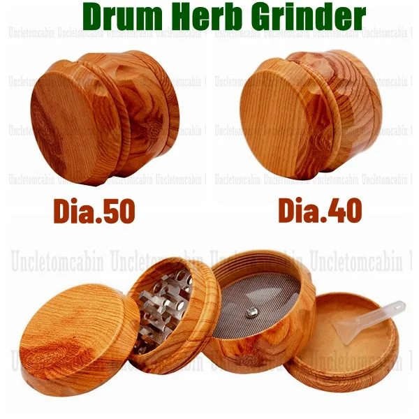 Trommelartige Hartplastik-Kräutermühle für Tabak, 40 mm, 50 mm, 4-teilige Acryl-Kräutermühle zum Rauchen, mit hölzernem Holzbrecher-Blatt-Design