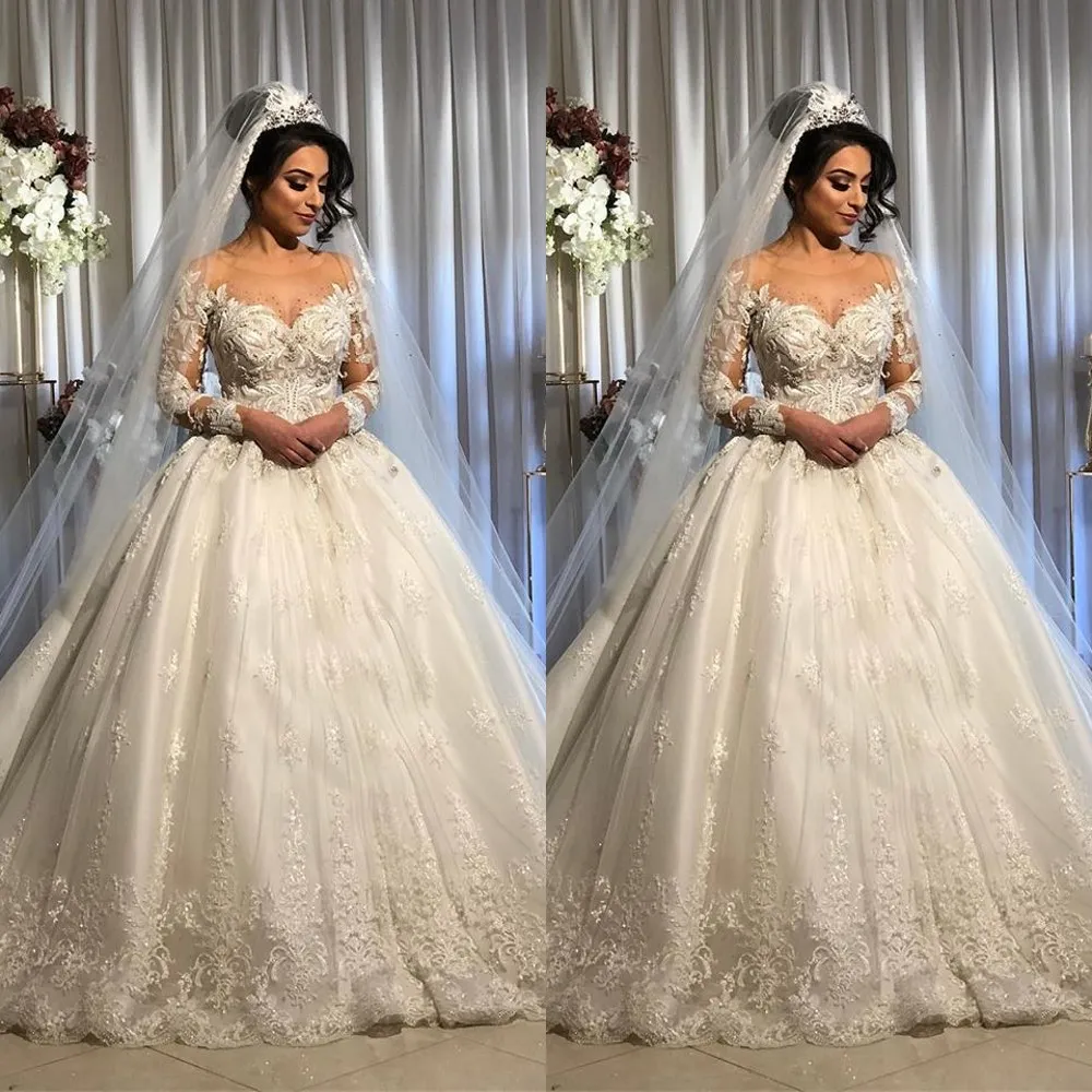 Sexy Vintage Arabskie Suknie Ślubne Suknie Ślubne Klejnot Neck Długie Rękawy Illusion Lace Aplikacja Kryształ Zroszony Plus Rozmiar Formalne Suknie Ślubne