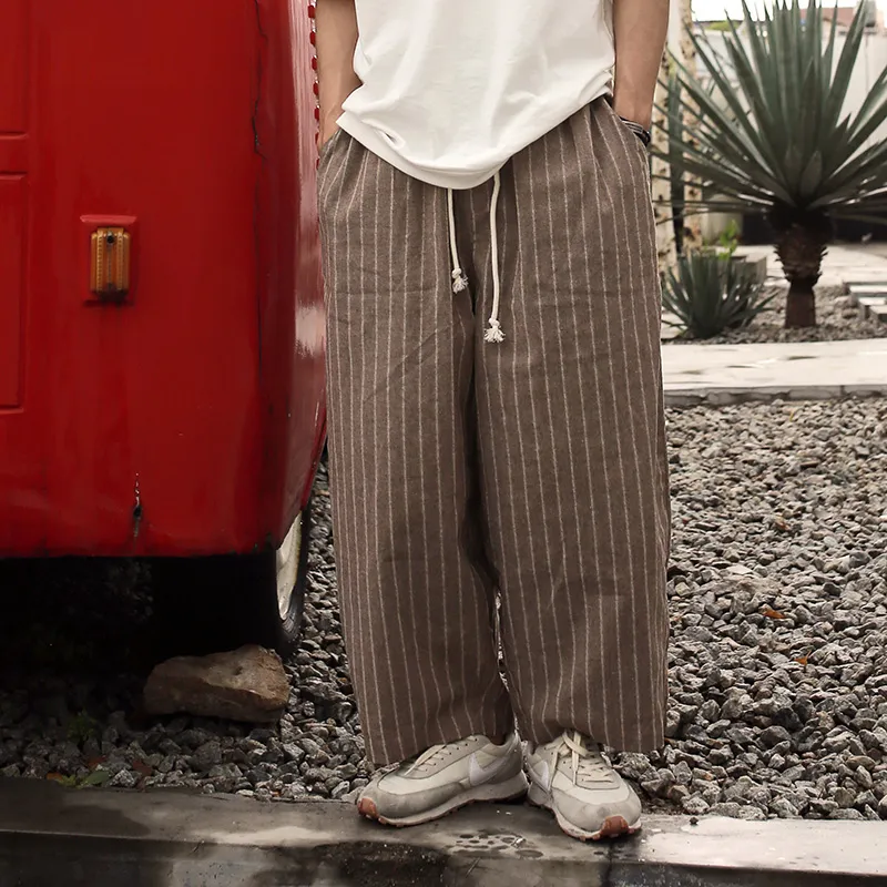 Vintage Linen Vertical Stripes Trousers Men's Japanese Streetwear Wide-legged Pants Elastic Waist Baggy Striped Trousers Men