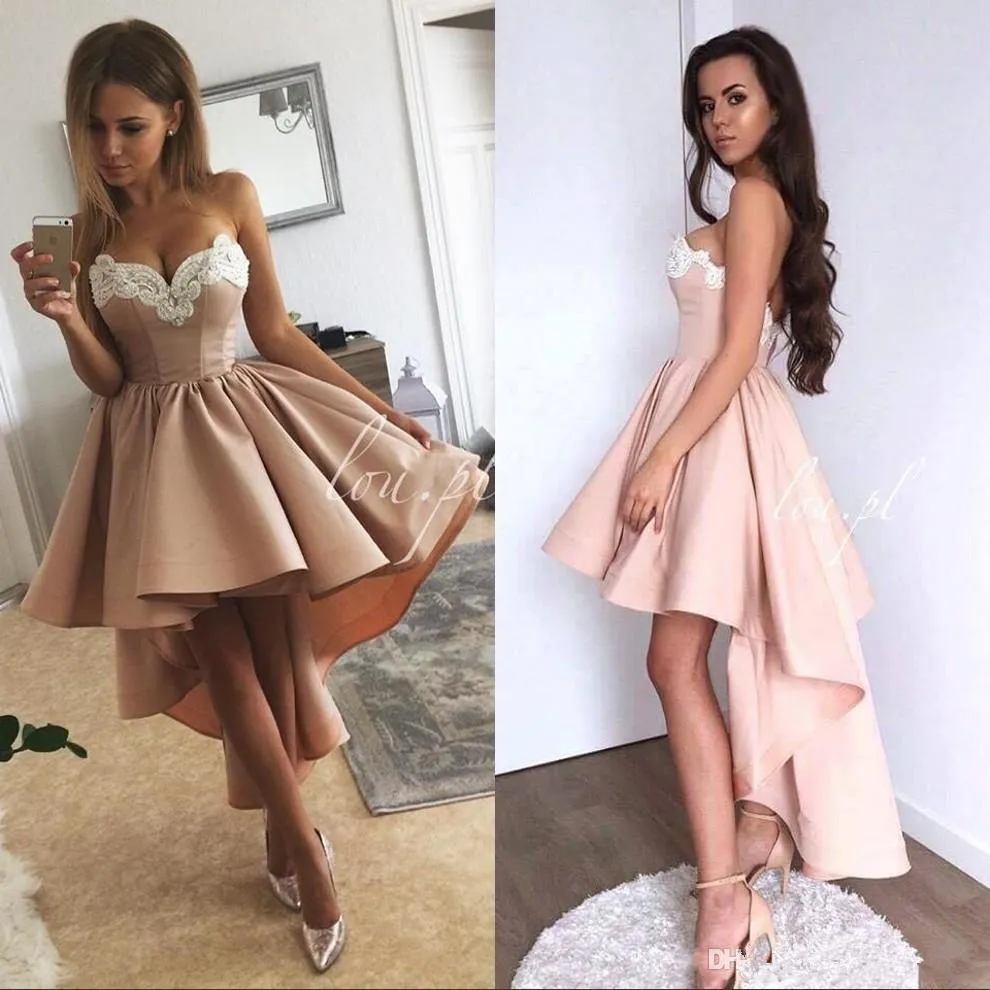 Mode kort front lång bakre cocktail party klänningar a-line älskling hög låga vita spetsar applikationer rodna rosa satin formell prom 287i