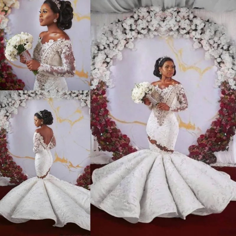 Stunning Mermaid Wedding Dresses Lace Appliqued Beaded Off Shoulder Long Sleeves Sweep Train Boho Bridal Gowns Plus Size abiti da sposa