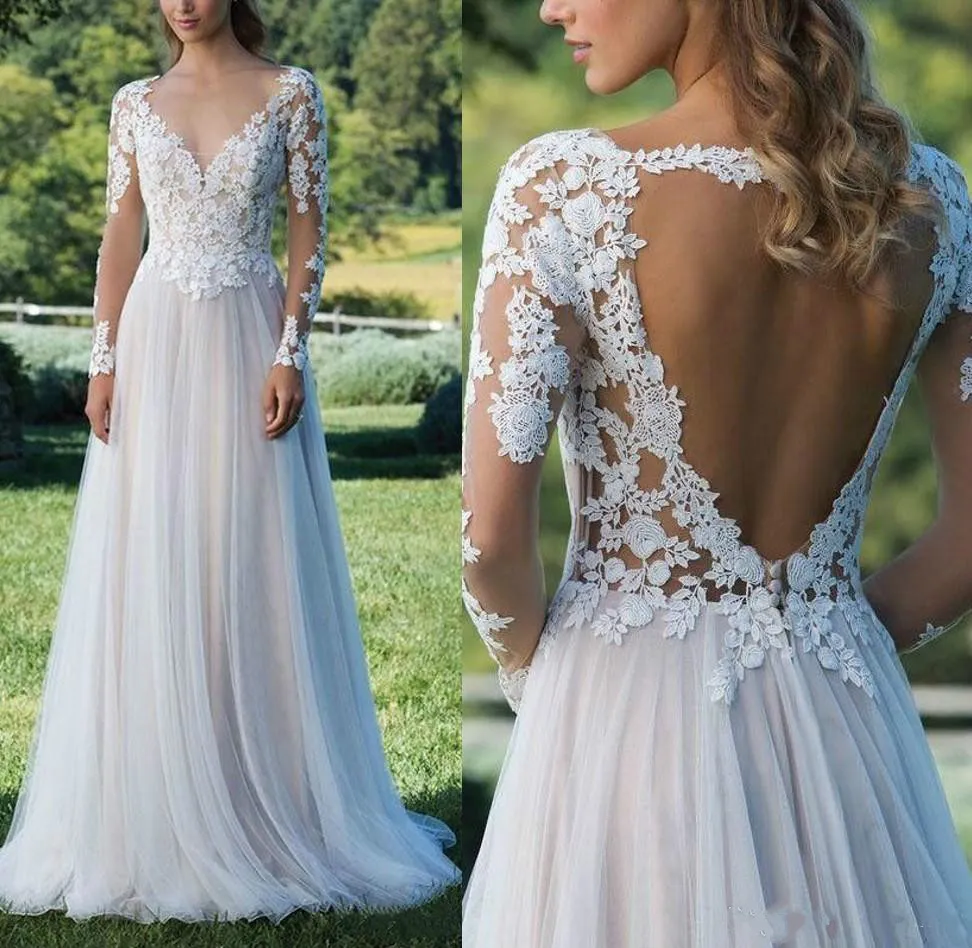 2020 New Country Bohemian Abito da sposa a maniche lunghe Una linea Sheer Neck Backless con applicazioni di lunghezza del pavimento Abiti da sposa da giardino Plus Size