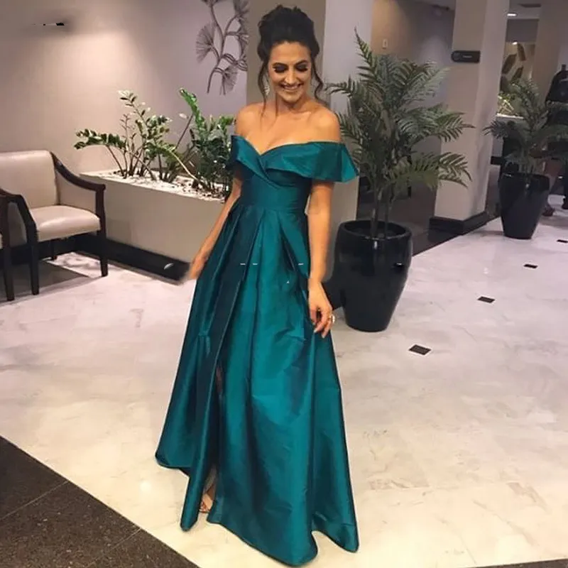 Vestido Formatura Prom Suknie Off Ramię Wysokiej Szczeliny Teal Satin Sukienka Wieczór Formalna Sukienka Kobiety Elegancka Robe Soiree Galajurk