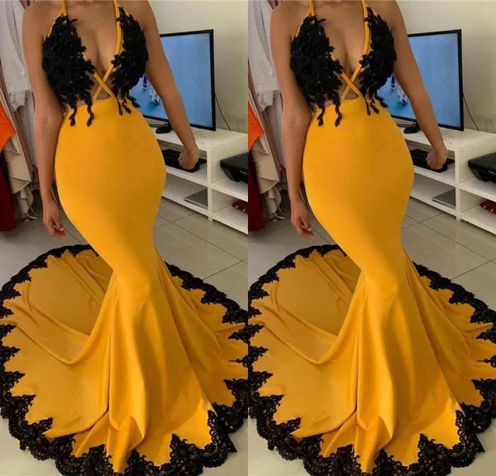 2020 New Arrival Yellow With Black Appliques Prom Dresses South African Girls Junior Graduation Party Gowns Mermaid Deep V Neck Evening Gown