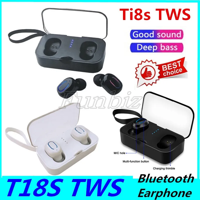 Ti8S T18S TWS Mini Wireless 5.0 Auricolari Bluetooth Chiamate binaurali Entrambi i lati Riproduzione musicale Cuffie Sport Ture Auricolari stereo Cuffie auricolari