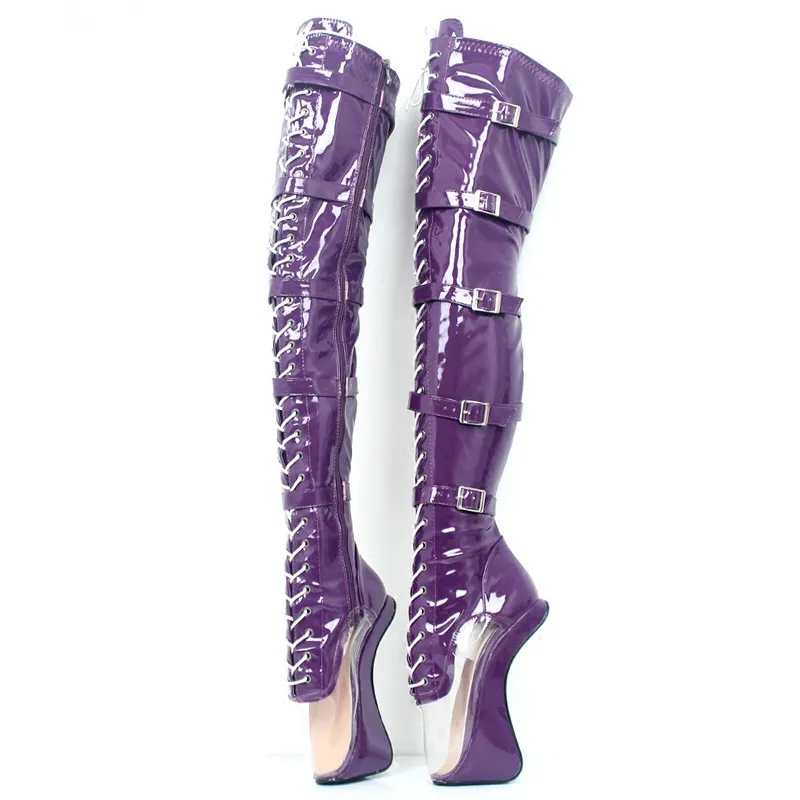 18Cm High Hoof Heel Lace-up Sexy Transparent Pointed Toe Over-the-Knee Thigh High Ballet Boot for Sexy Fetish Heelless Boots Unisex Shoes