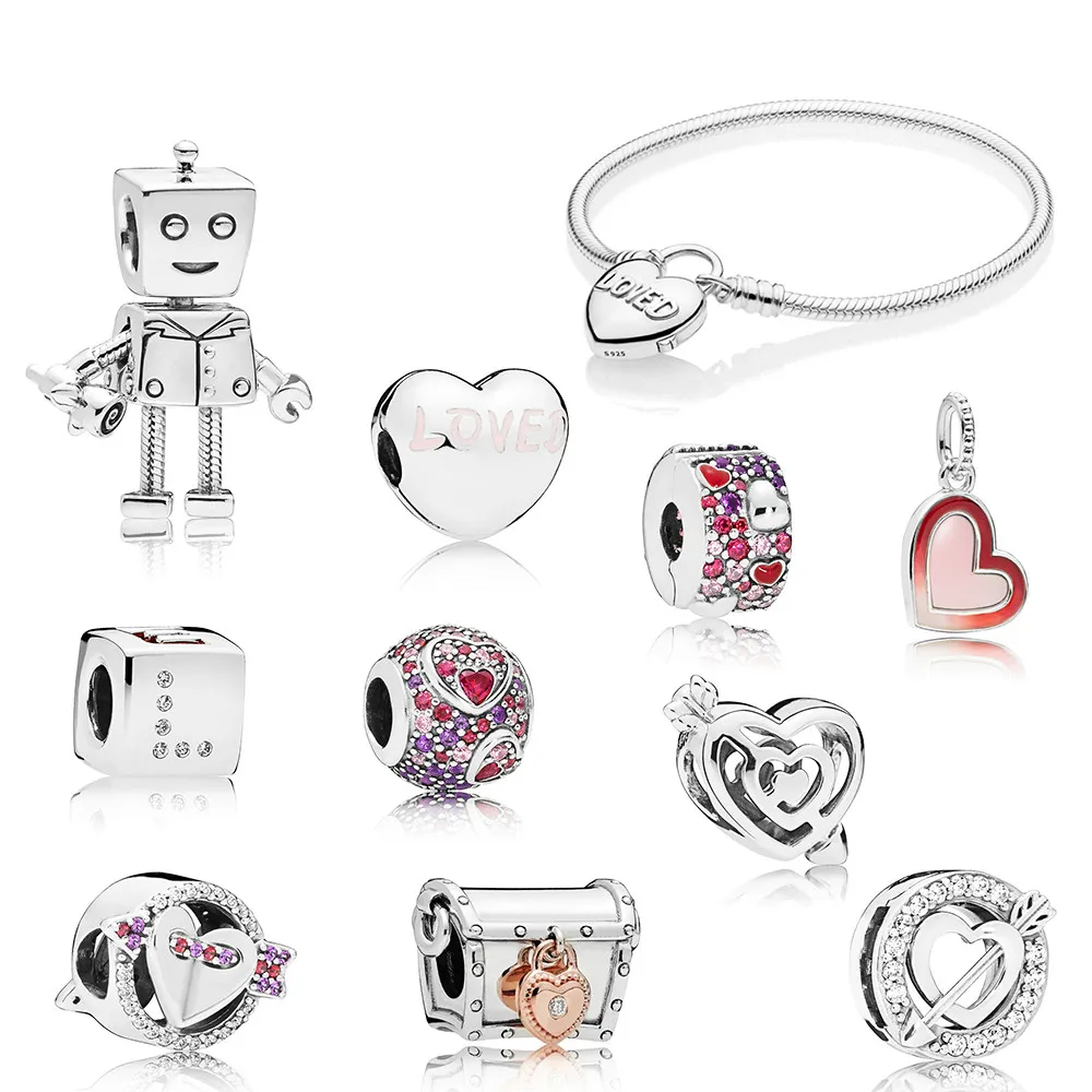 2019 nowy 100% 925 Sterling Silver Pandora Walentynki Rob Bot Club Dice musujące strzałka urok Kochany Heart Clip Wisiorek Bransoletka Prezent