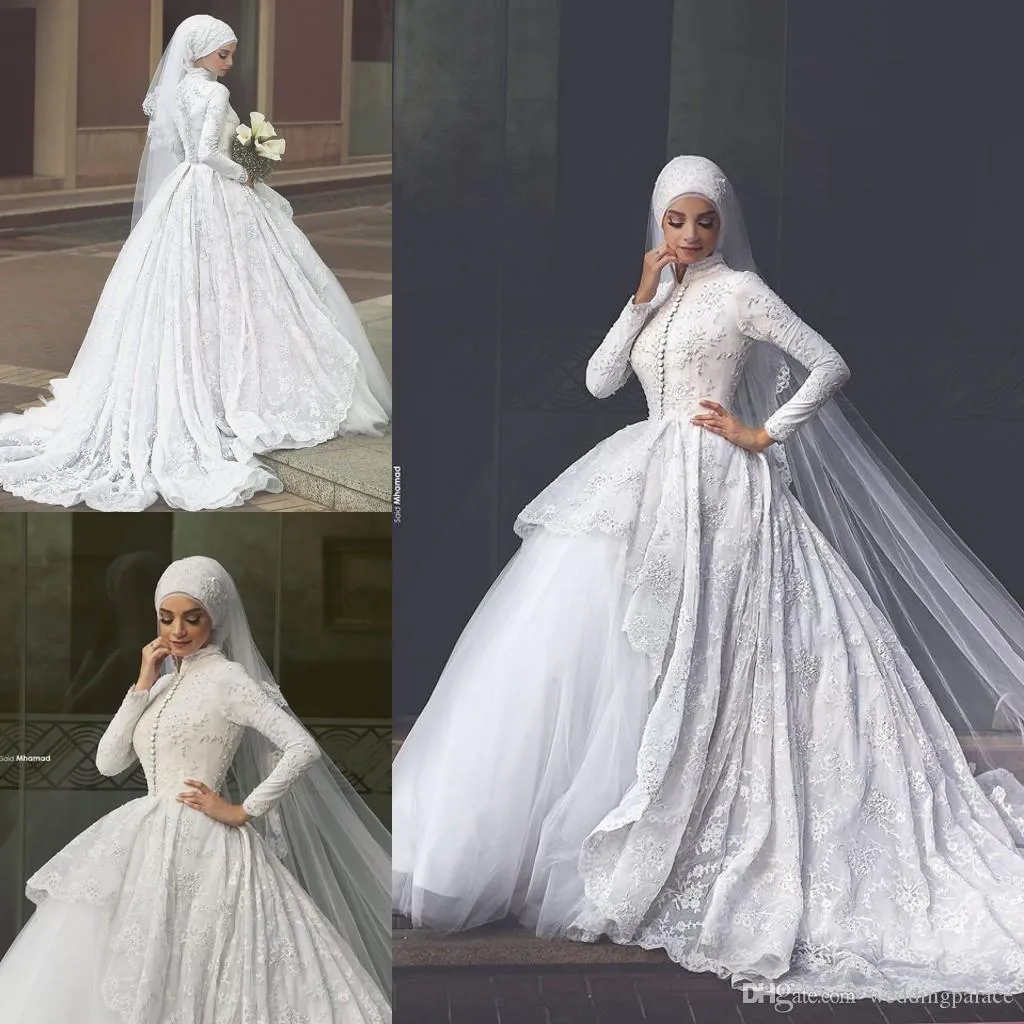 Save Big on Bulk Muslim Hijab High Neck Wedding Dresses Bridal Gown Muslim:  Elegant High Neck Long Sleeve Appliques Satin Wedding Dress, Plus Size
