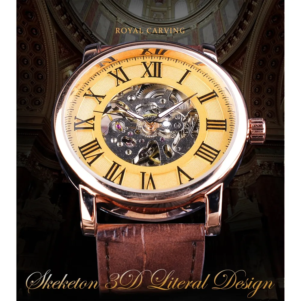 İzle Klasik Retro Tasarım İskeleti Altın Roman Numarası Kahverengi Deri Erkek Mekanik Saat En İyi Marka Lüks Otomatik W273y