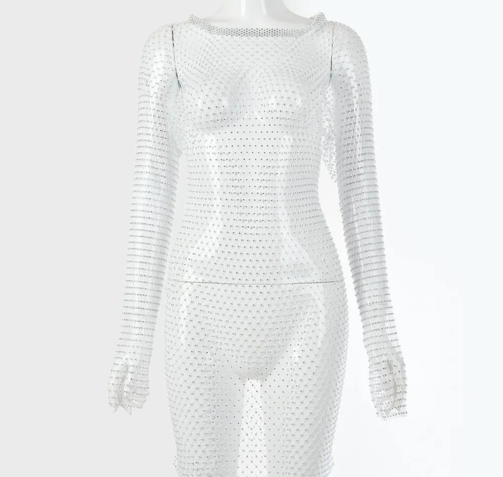 white fishnet dress long sleeve Maxi Sweater Mesh Dress