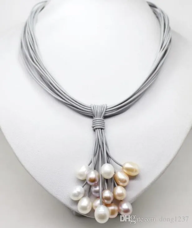 Collar con colgante de perlas de agua dulce, color blanco real, rosa, morado, de 01-12mm, cordón de cuero, cierre magnético, joyería de moda