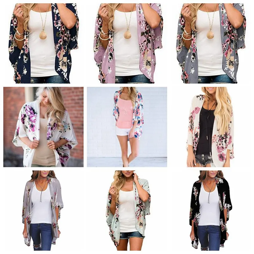 Women Floral Suntan Cardigan Coat Batwing Sleeve Blouse Cover Summer chiffon Beach Cape Bikini Cover-Ups Loose Kimono Beachwear LJJA2479-16