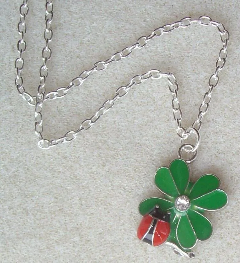 Vintage Green Lucky Clover Shamrock Clear Crystal Red Ladybird Pendant Halsband Charm Punk Gothic Smycken Wicca Pagan Necklace - 73