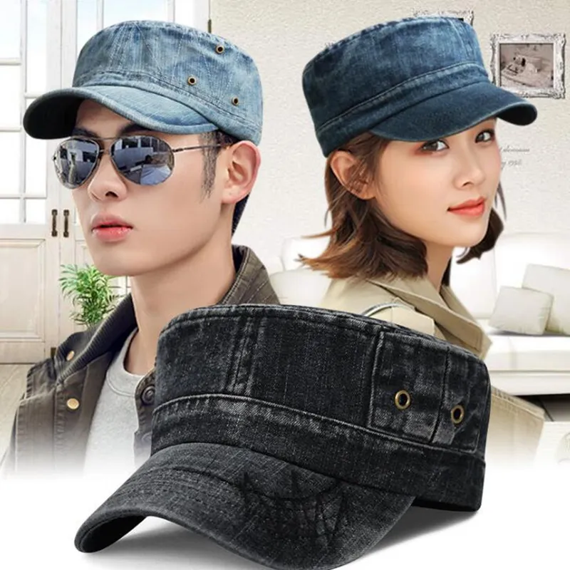 여성과 남성을위한 패션- 군용 모자 조절 가능한 청바지 플랫 캡 여름 스냅 백 모자 군대 CAP213T