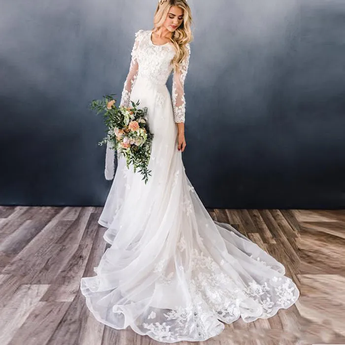 Immagine reale Abiti da sposa linea A con maniche lunghe applique abbottonatura abiti da sposa country