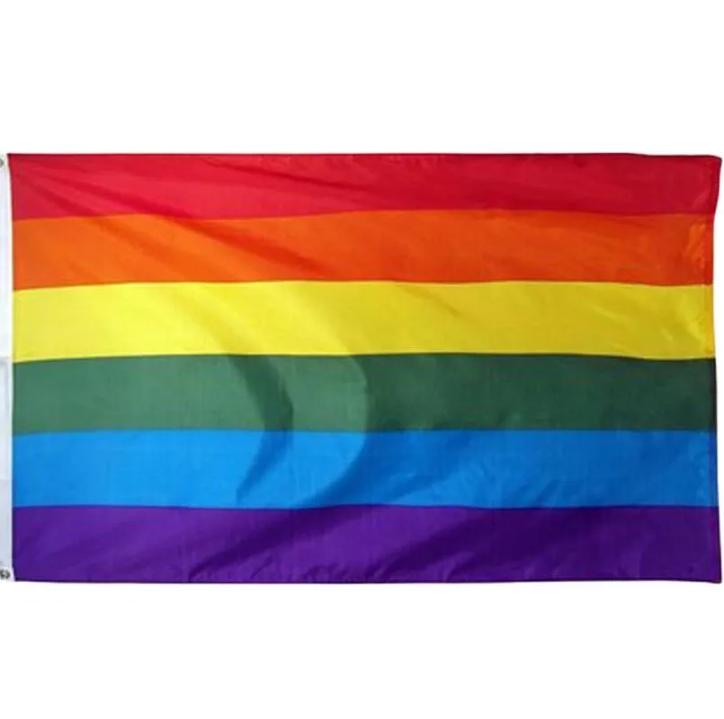 100pcsレインボーフラグ3x5ft 90x150cmレズビアンゲイプライドポリエステルLGBTフラッグバナーポリエステル装飾用カラフルレインボーフラグLX5957