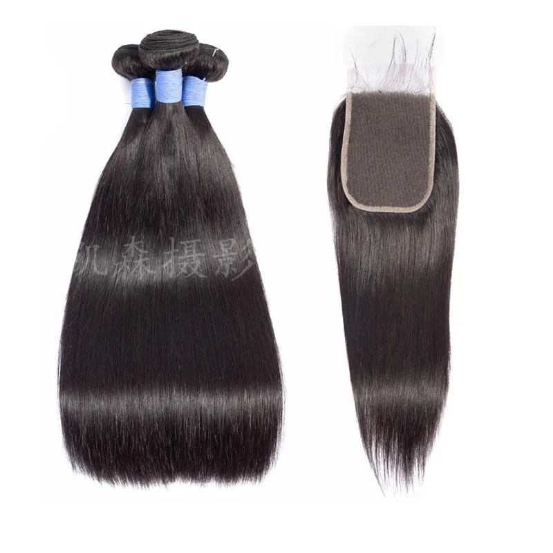 Malásia Cabelo Humano Três pacotes com 4X6 Lace Encerramento Hetero 8-30inch 4 peças / lote pacotes com quatro por seis Encerramento