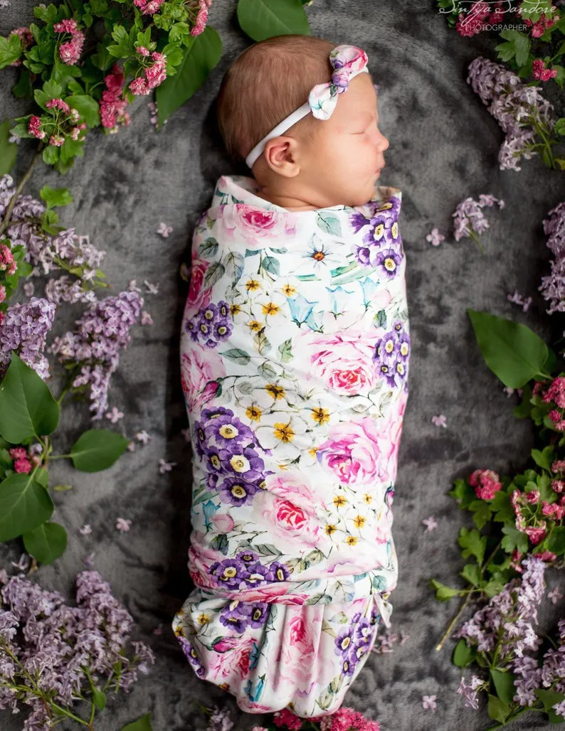 Baby blommor muslin swaddle wrap filt wraps filtar plantskola sängkläder handduk baby spädbarn inslagna tyg med bowknot huvudband 14948