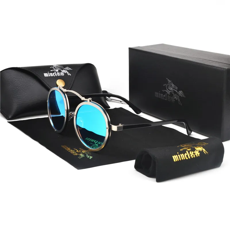 Großhandel-MINCL 2019 Neue Mode Runde Punk Sonnenbrille Männer und Frauen Brillen Marke Designer Retro Sonnenbrille UV400 mit box NX