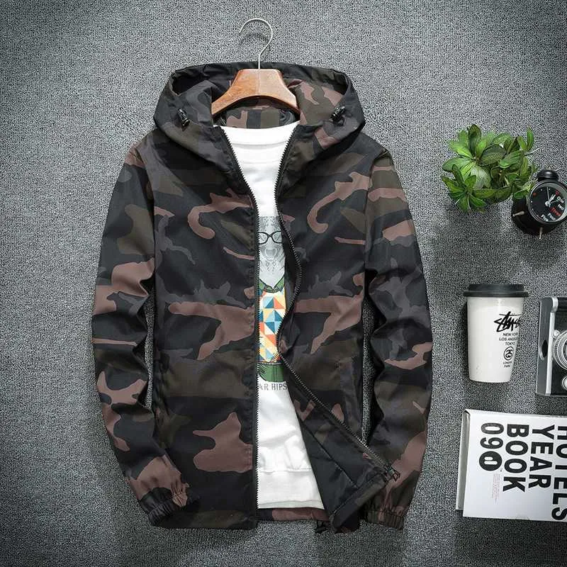 Giacche da uomo Uomo Primavera Uomo Casual Giacca a vento Camouflage Cappotti con cappuccio Moda Slim Hip Hop Bomber Abbigliamento 5XL