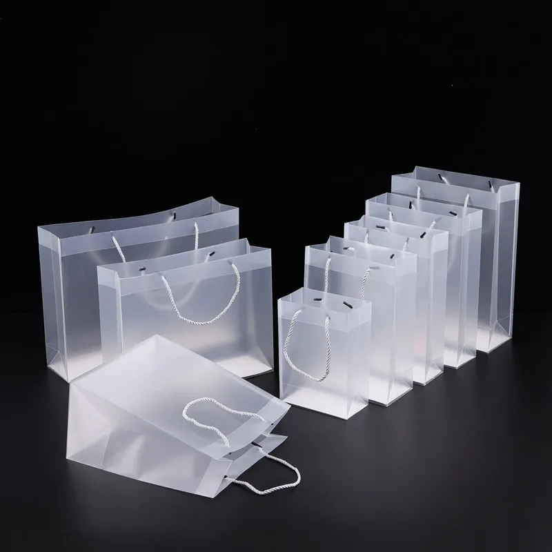 Clephan – sacs cadeaux en plastique givré, 8 tailles, avec poignées, sac à main Transparent étanche en PVC Transparent, sac pour cadeaux de fête personnalisé LX1383