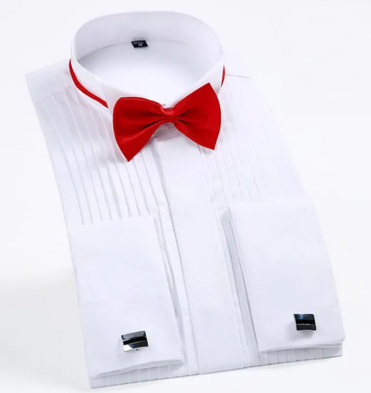 Esmoquin de boda para hombre, camisas de vestir de manga larga, gemelos franceses, pliegue de cola de golondrina, diseño de botón oscuro, camisa de caballero, blanco, rojo y negro