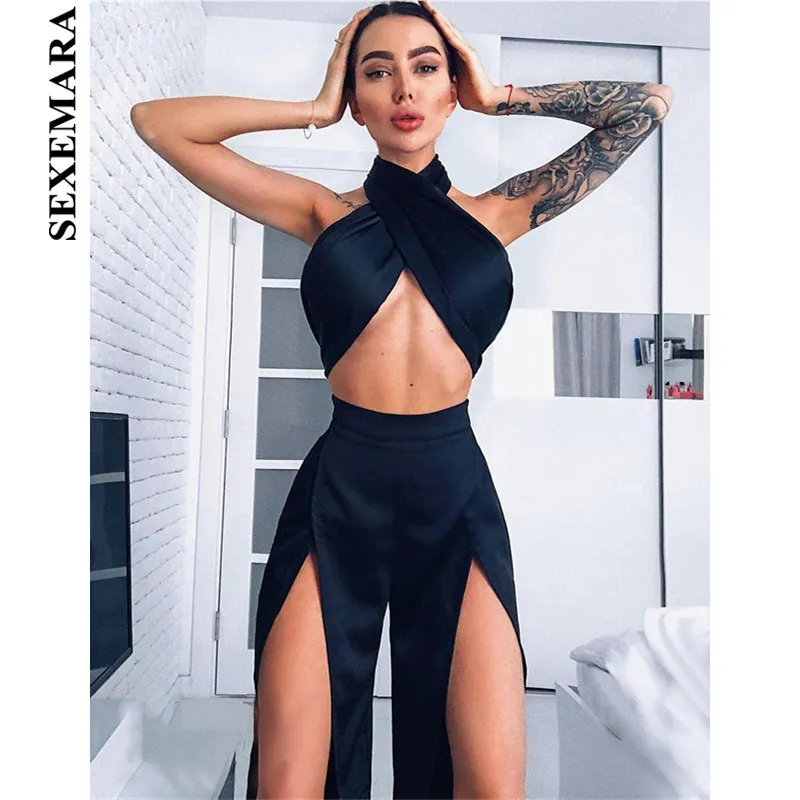 Boofeenaa seda de cetim sexy 2 peça preto colheita superior divisão larga perna calças definir conjuntos de correspondência de roupa de clube para mulheres conjunto geral c66ac2 c19041601