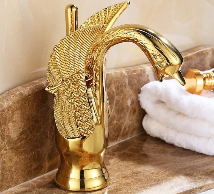 Wholesale- Gold Finish Swan Shape Brass Basin Sink Faucet Bathroom Single Hole Centerset Basin Mixer Tap