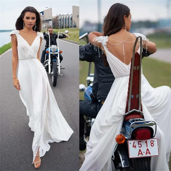 2020 Sexy A-line vestido de novia sin espalda apliques rebordear tren de barrido vestido de novia sin mangas con cuello en V vestidos de boda con volantes hechos a medida