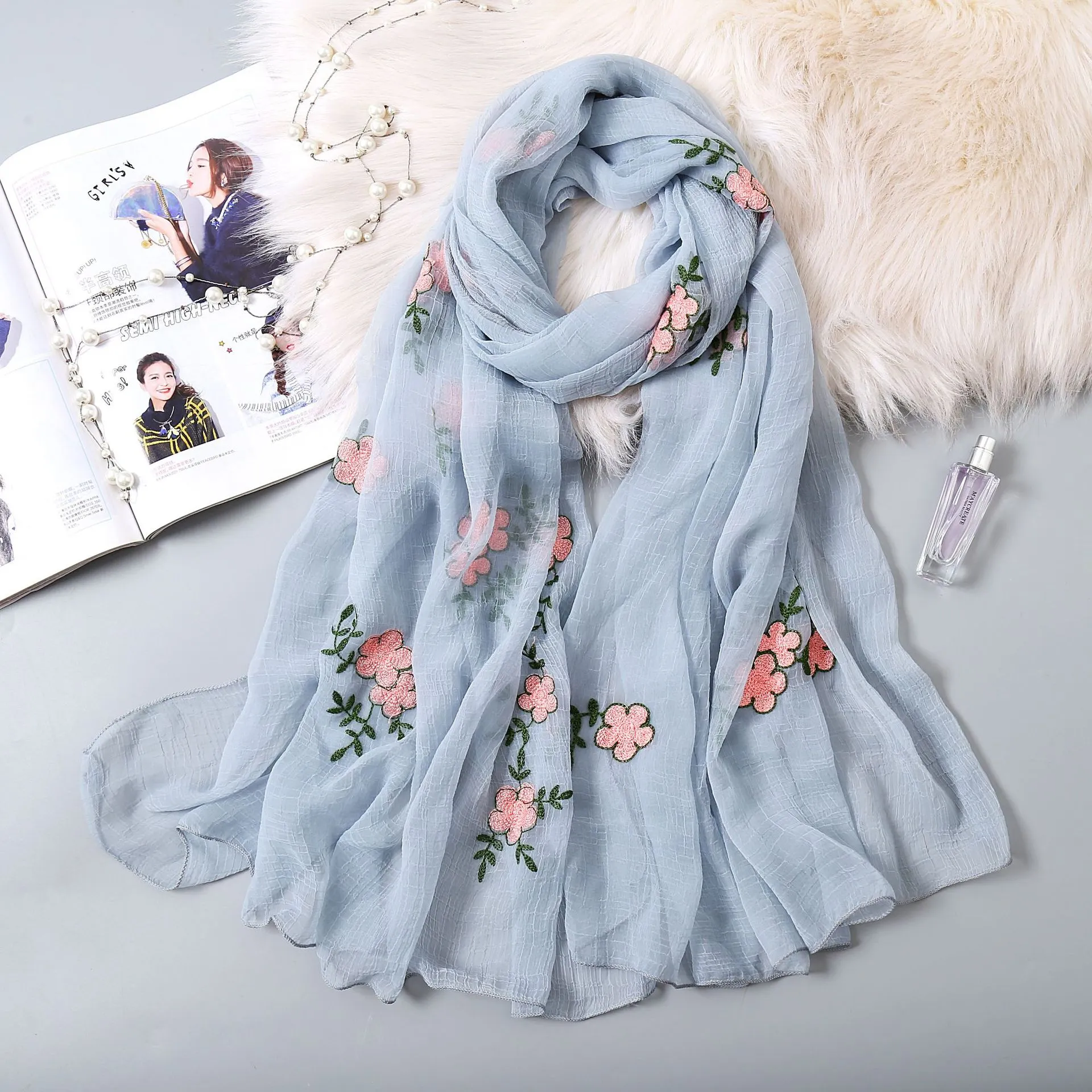 Wholesale Designer scarf embroidery fashion embroidery women s scarf high quality travel sun shawl