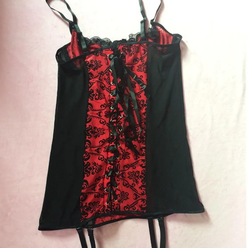 Women Lace Up Back Red Floral Contrast Black Mesh Sheer Chemise