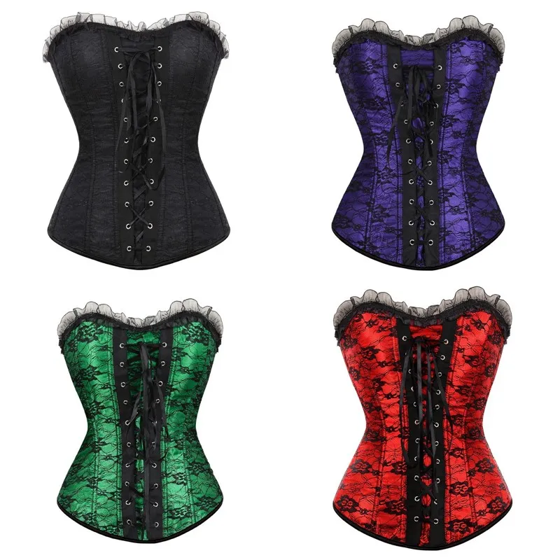 Floral Lace Burlesque Corset Top With Frill Trim And Side Zipper