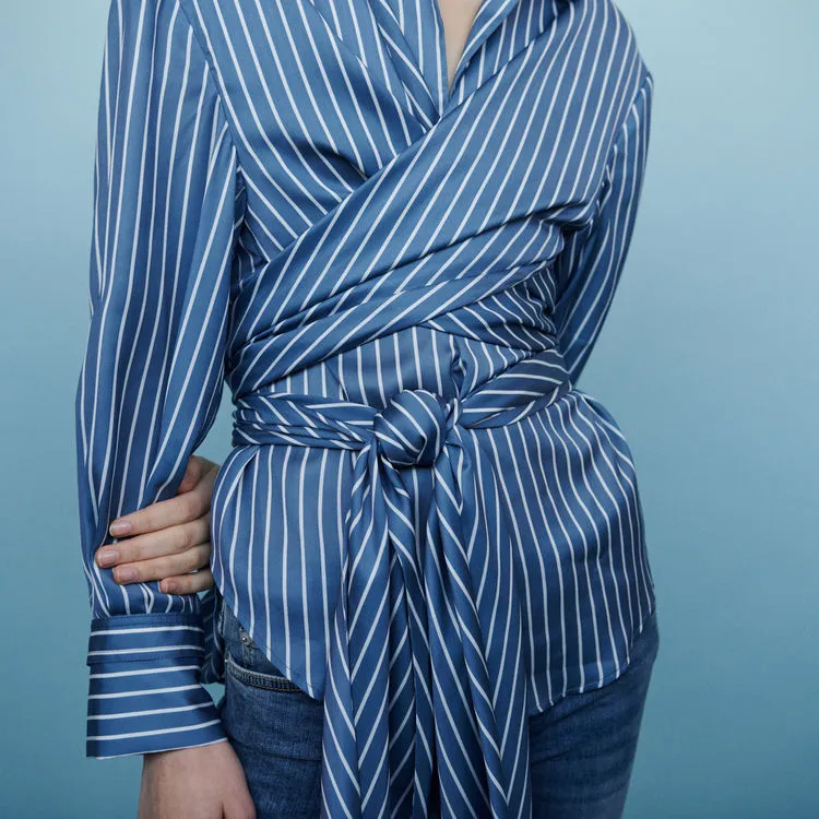 2019 Spring Summer Striped Print Long Sleeves Turn-Down Collar Ribbon Sash Blouse Women Shirt Fashion M3118