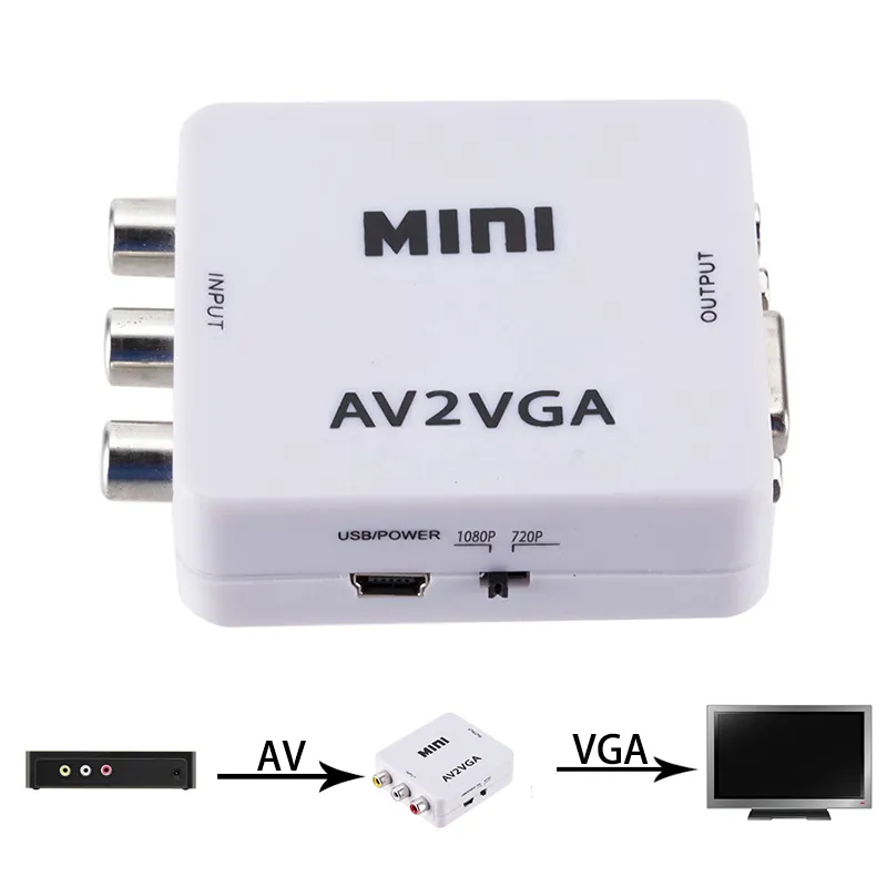 Adattatore scaler da AV a VGA HD Video composto da convertitore da RCA a VGA AV / CVSB L / R Video 1080P Mini AV2VGA compatibile con NTSC