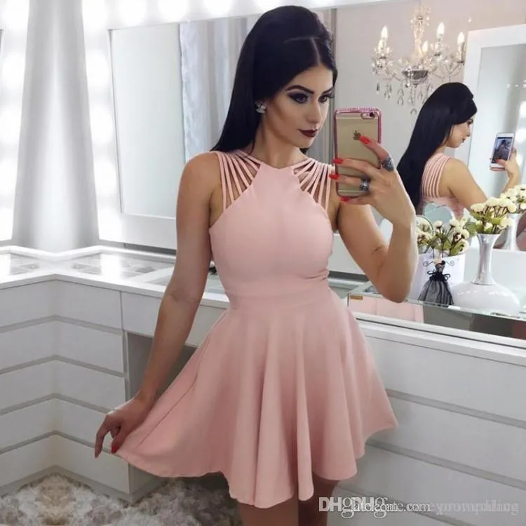 Nuevos vestidos cortos sexis de color rosa para fiesta de graduación, vestidos de fiesta con pliegues y cuello de joya, vestidos formales de cóctel