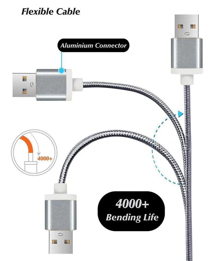 2.1a tecido forte de tecido pesado de nylon de metal pesado tipo C Micro V8 carregador de cabos USB CABELO 1M 2M 3M para telefones Samsung Android