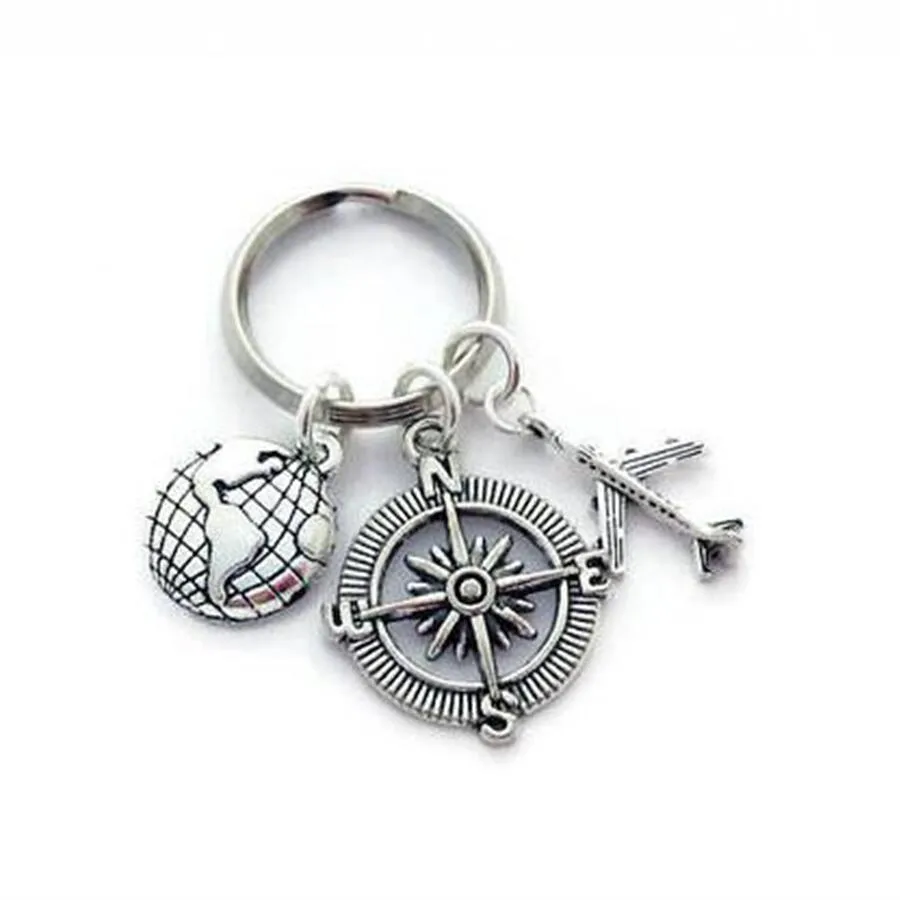 Tybetański Silver Globe Travel Compass Mapa świata Airplane Charm Wisiorek Key Chain Ring Car DIY Brelok A283